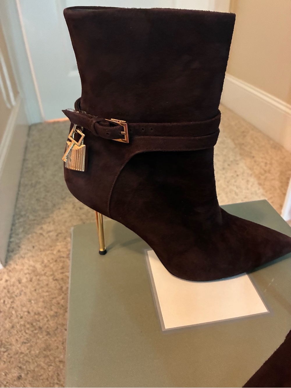 Tom Ford Dark Brown Suede Pointed Ankle Boot with Gold Stiletto Heel - Picture 7 of 11